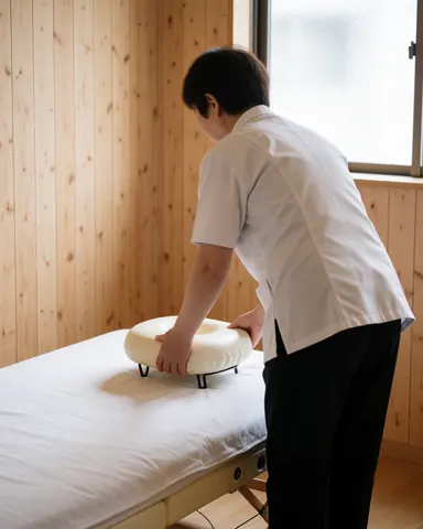 Shiatsu practitioner adjusting a head pillow on a white futon in a room with light wood walls and natural light.
