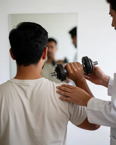 Physiotherapist assisting a client performing a dumbbell exercise in front of a mirror in a white room.