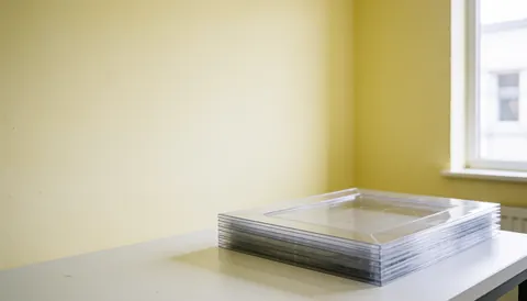 Transparent plastic covers with windows stacked on a white table against light yellow walls with natural light, suitable for copy center products.