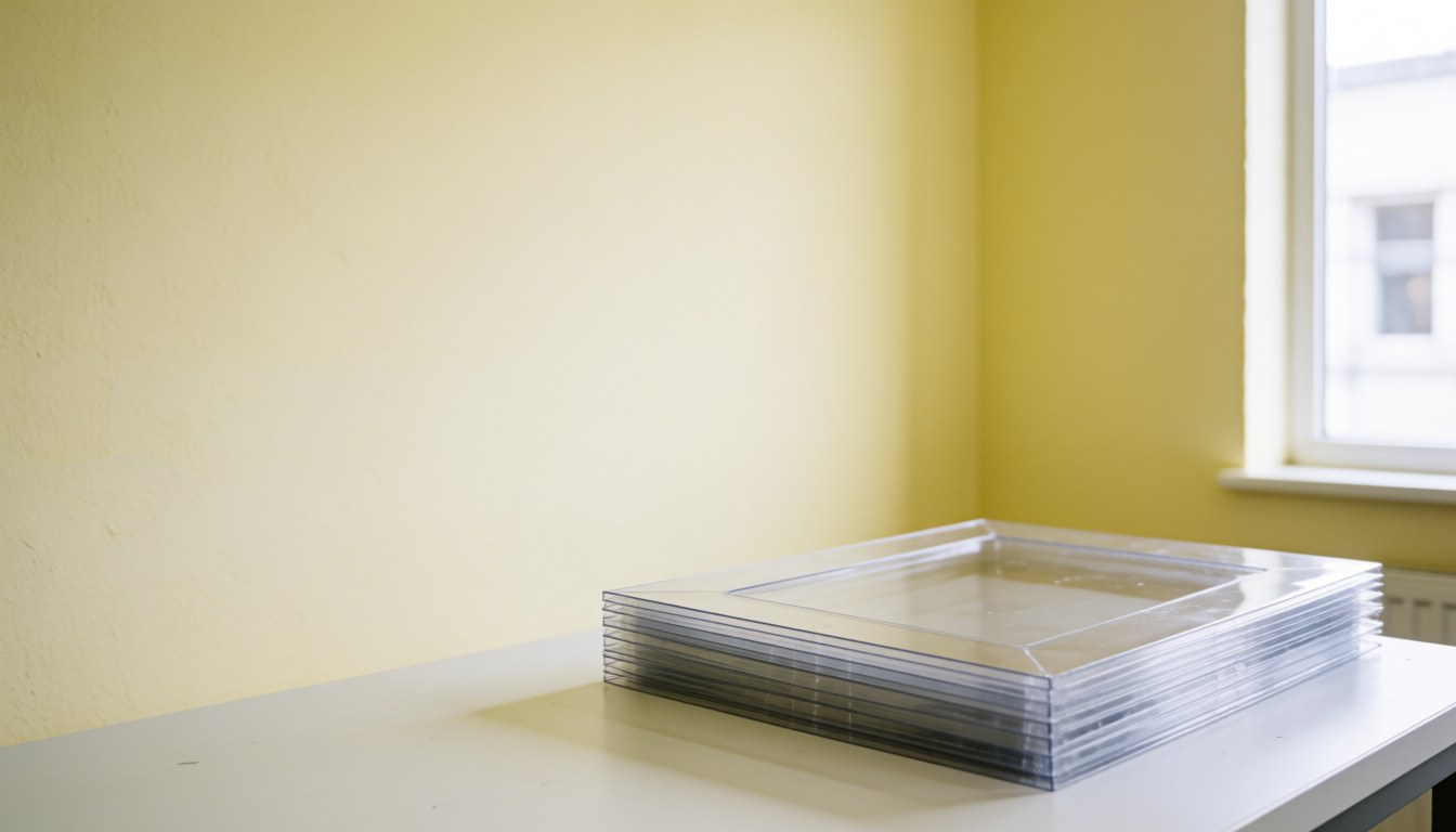 Transparent plastic covers with windows stacked on a white table against light yellow walls with natural light, suitable for copy center products.