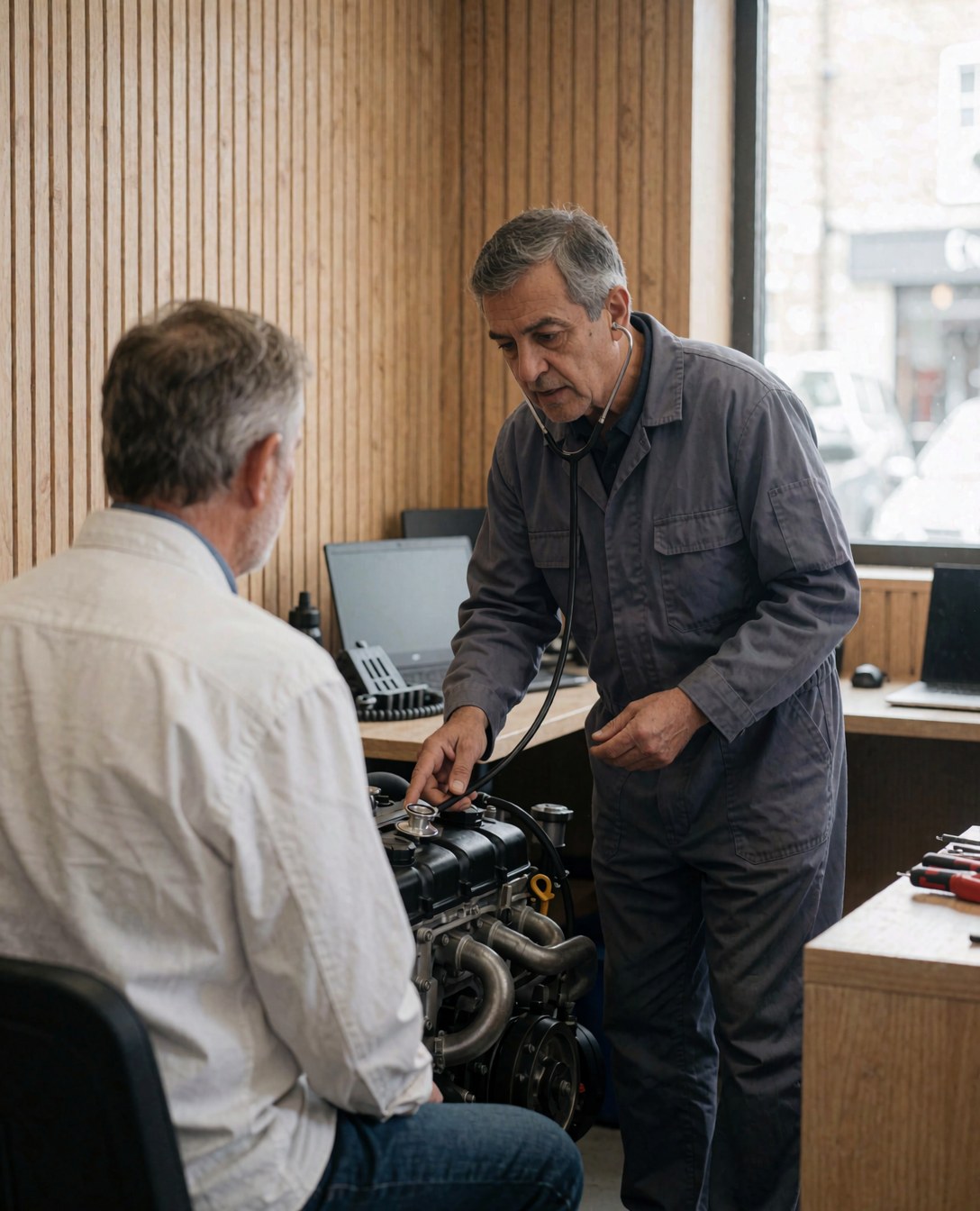 Professional mechanic using a stethoscope to explain an engine diagnosis to a seated client in a well-lit workshop.