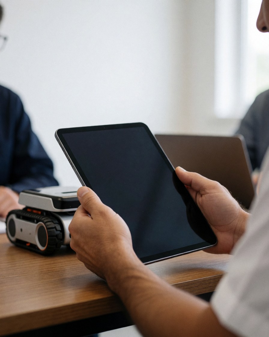 Adult hands using a tablet connected to a robot in a robotics class with a white wall and natural light