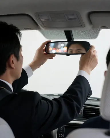 Taxi driver adjusting the rearview mirror inside a clean taxi with city lights reflected and visible seat belts.