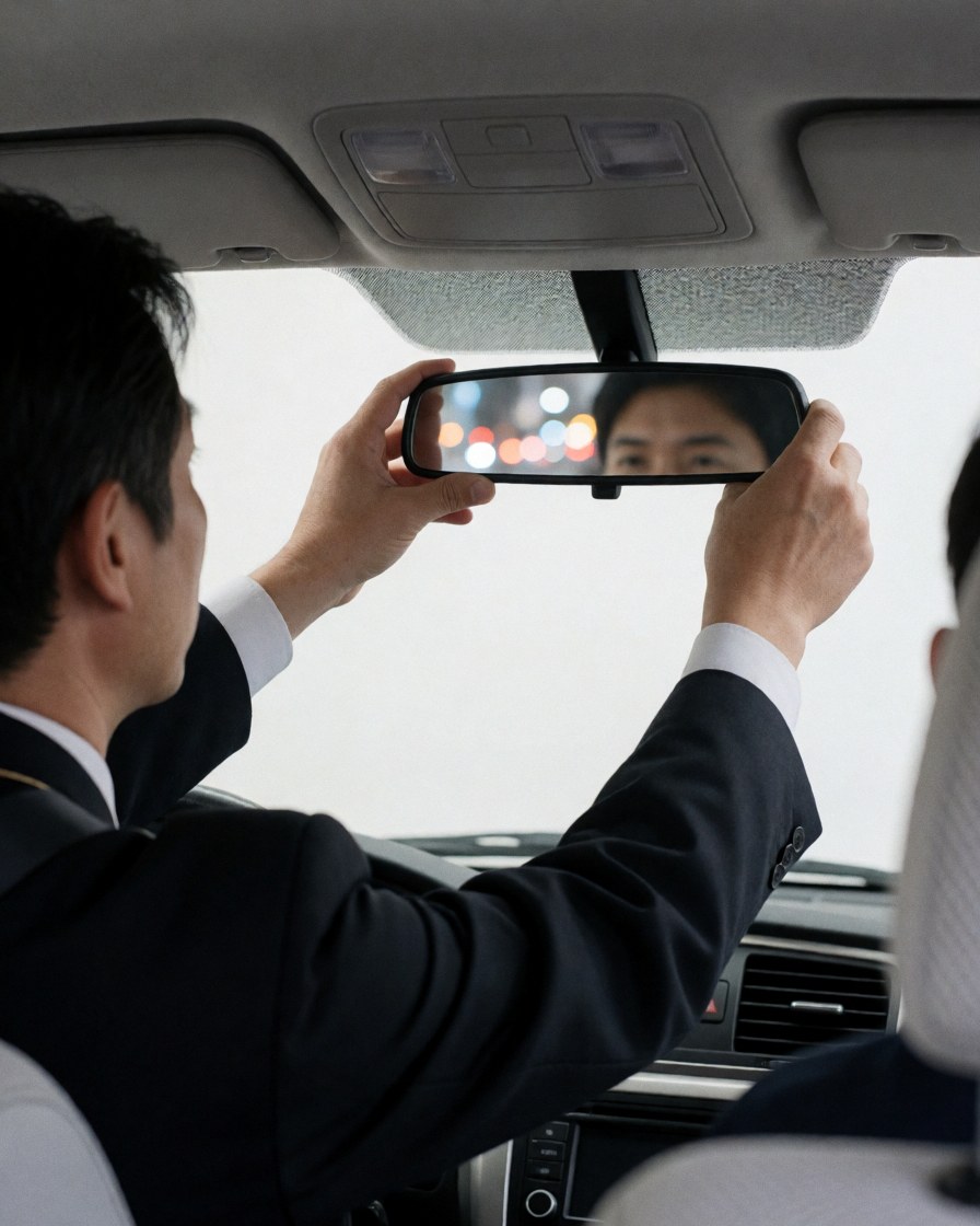 Taxi driver adjusting the rearview mirror inside a clean taxi with city lights reflected and visible seat belts.