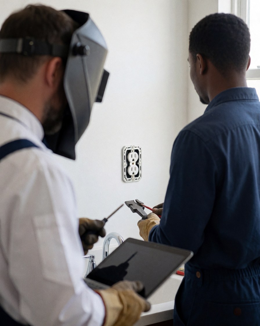 Electrician installing a GFCI outlet in a bathroom with white walls and natural light while a client observes the work being done.