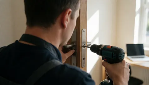 A locksmith installs a metal lock on a wooden door using an electric drill in a well-lit indoor setting.