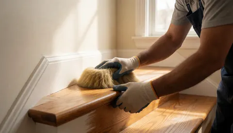 Close-up of a gloved hand polishing a hardwood floor in natural light with a painted wall in the background.