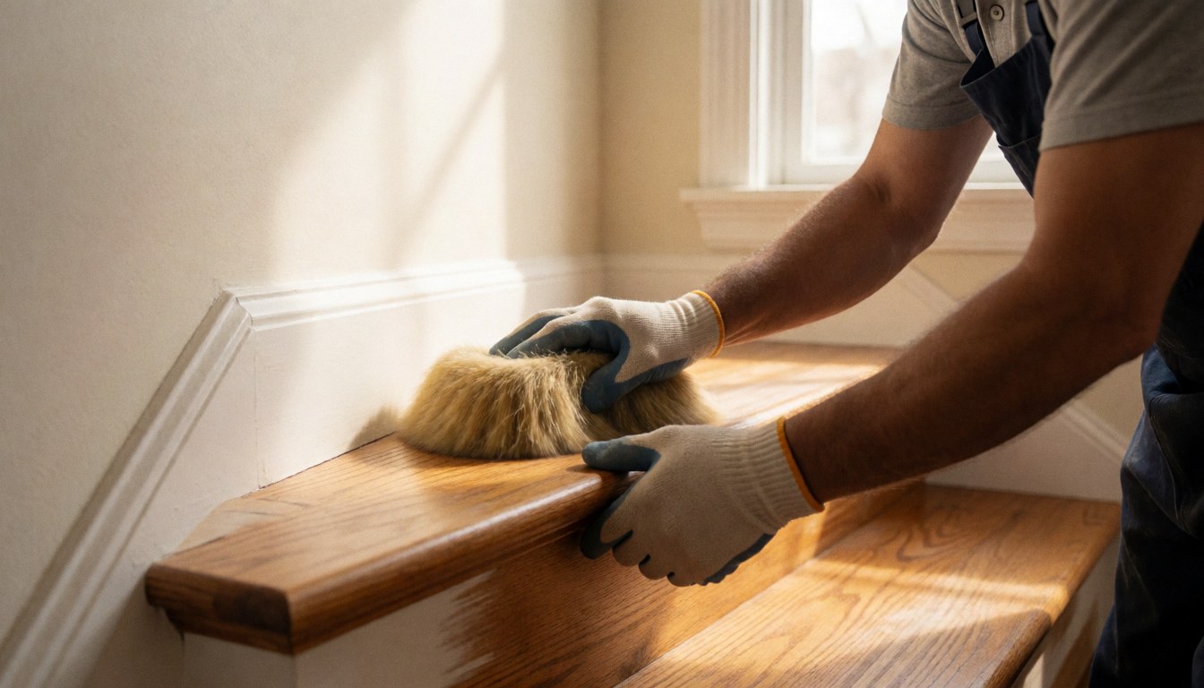 Close-up of a gloved hand polishing a hardwood floor in natural light with a painted wall in the background.