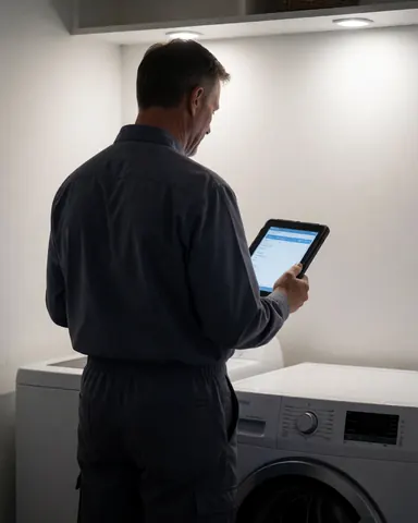 Appliance repair technician uses a tablet to diagnose a washing machine in a clean, well-lit indoor setting.