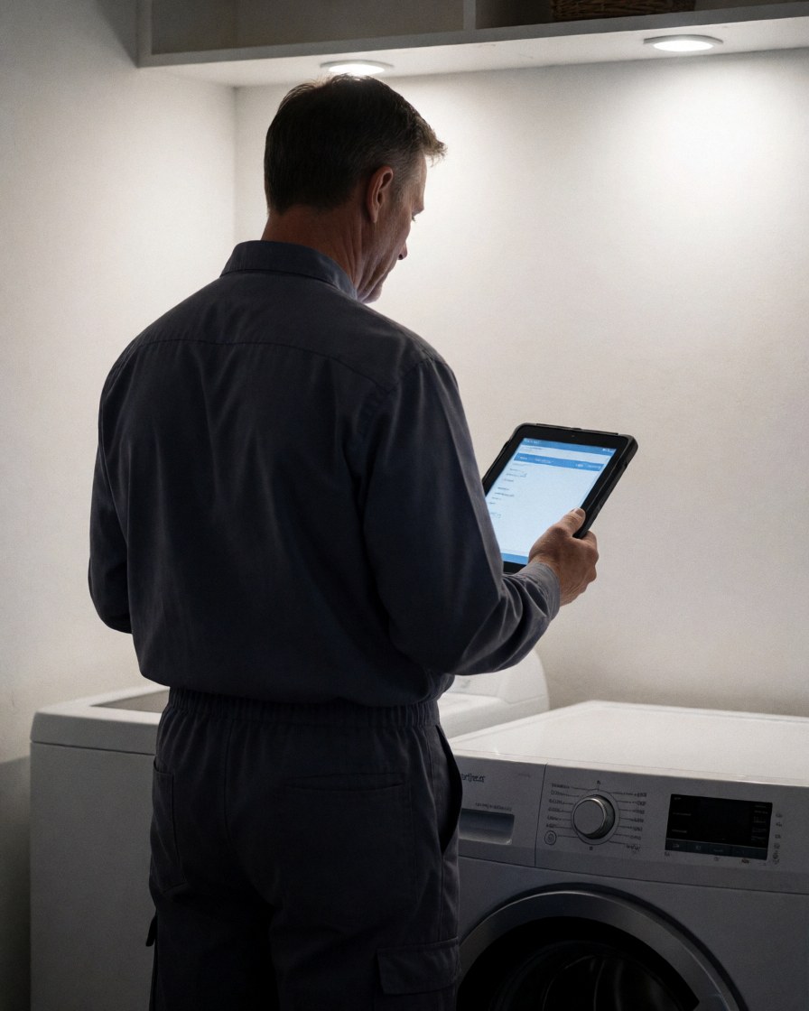 Appliance repair technician uses a tablet to diagnose a washing machine in a clean, well-lit indoor setting.