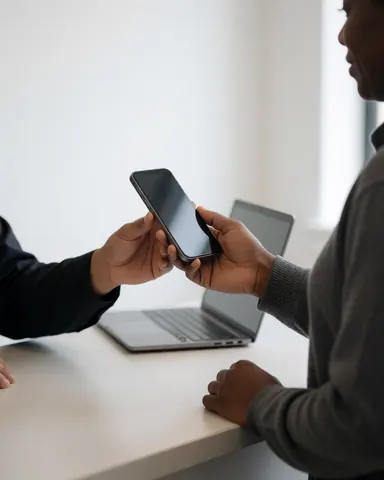 A customer receives their repaired mobile phone at a repair shop with white walls and a laptop in the background.
