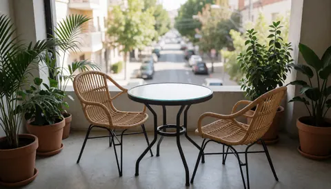 Glass table and rattan chairs on an apartment hotel terrace surrounded by green plants with a street view