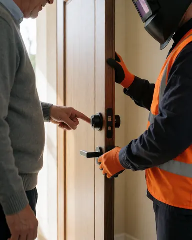 A customer points to a new door lock while an installer adjusts it with orange gloves at a home entrance with beige walls.