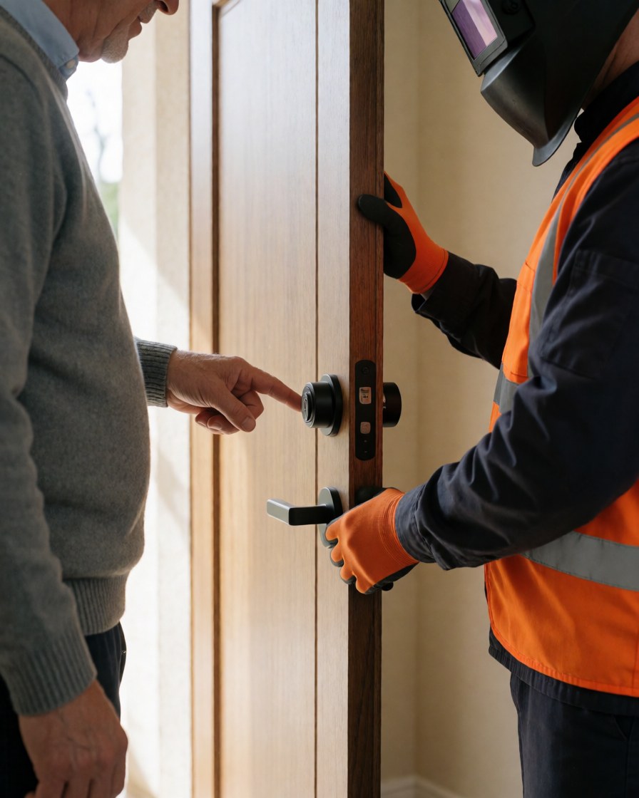 A customer points to a new door lock while an installer adjusts it with orange gloves at a home entrance with beige walls.