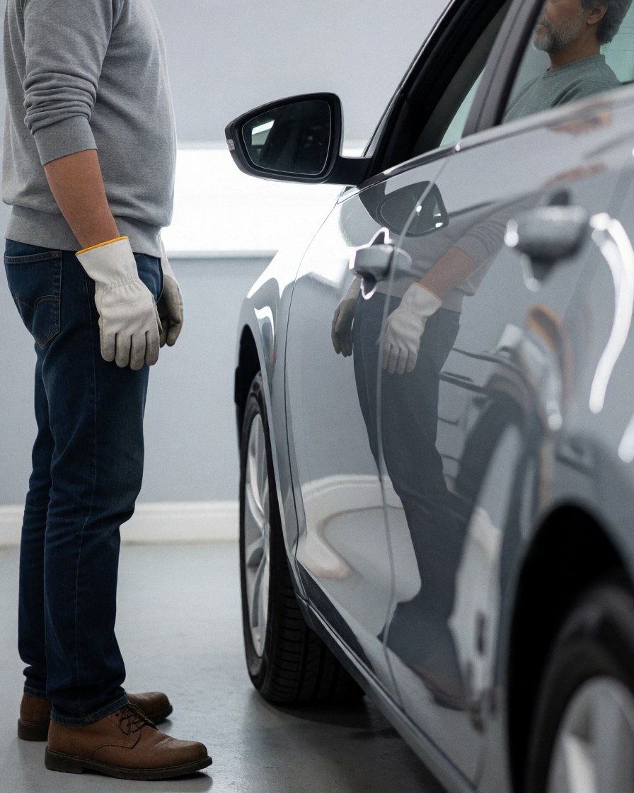A customer wearing gloves inspects the glossy finish of a freshly detailed car at a professional auto wash facility.