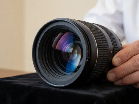 Professional camera lens with f/1.4 aperture on black fabric with blue reflections on the glass