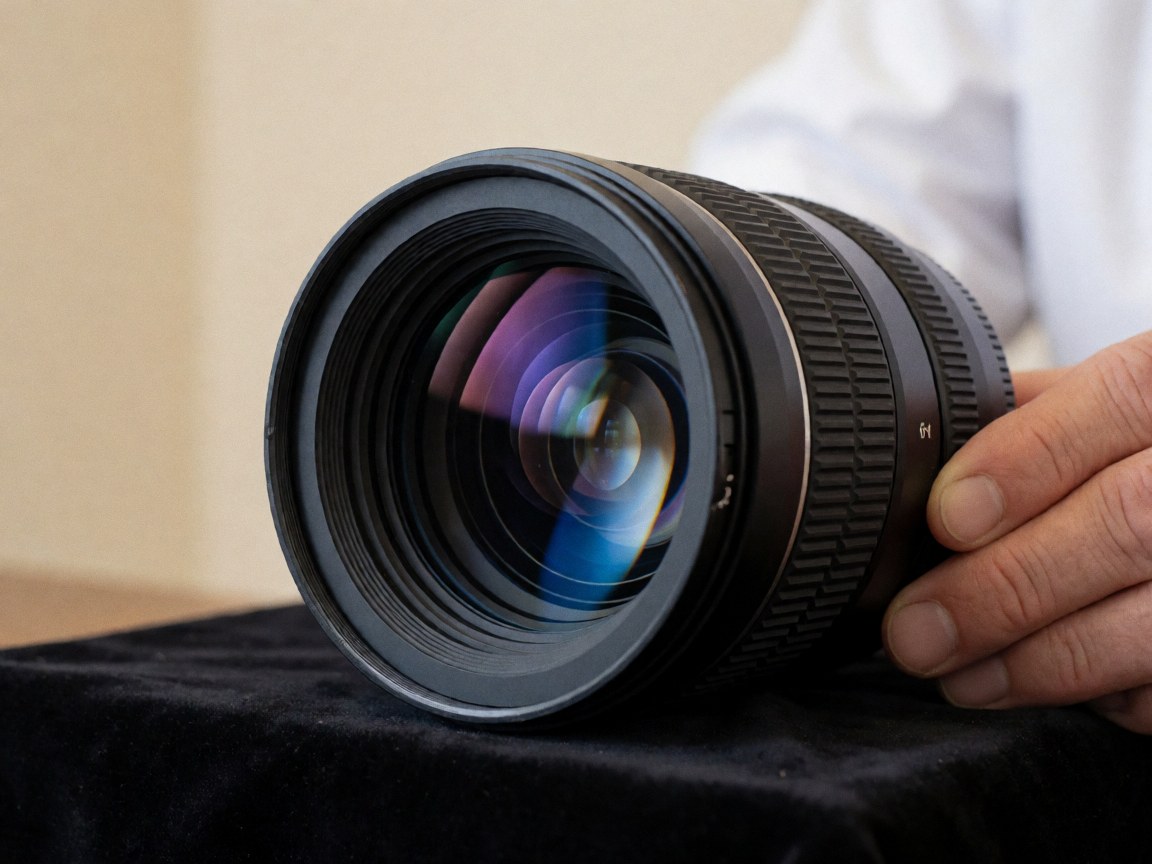 Professional camera lens with f/1.4 aperture on black fabric with blue reflections on the glass