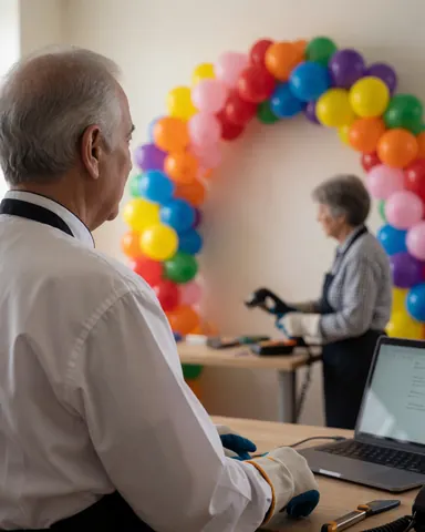 A satisfied customer looks at a vibrant balloon arch while an event decorator works on the setup in a bright indoor space.