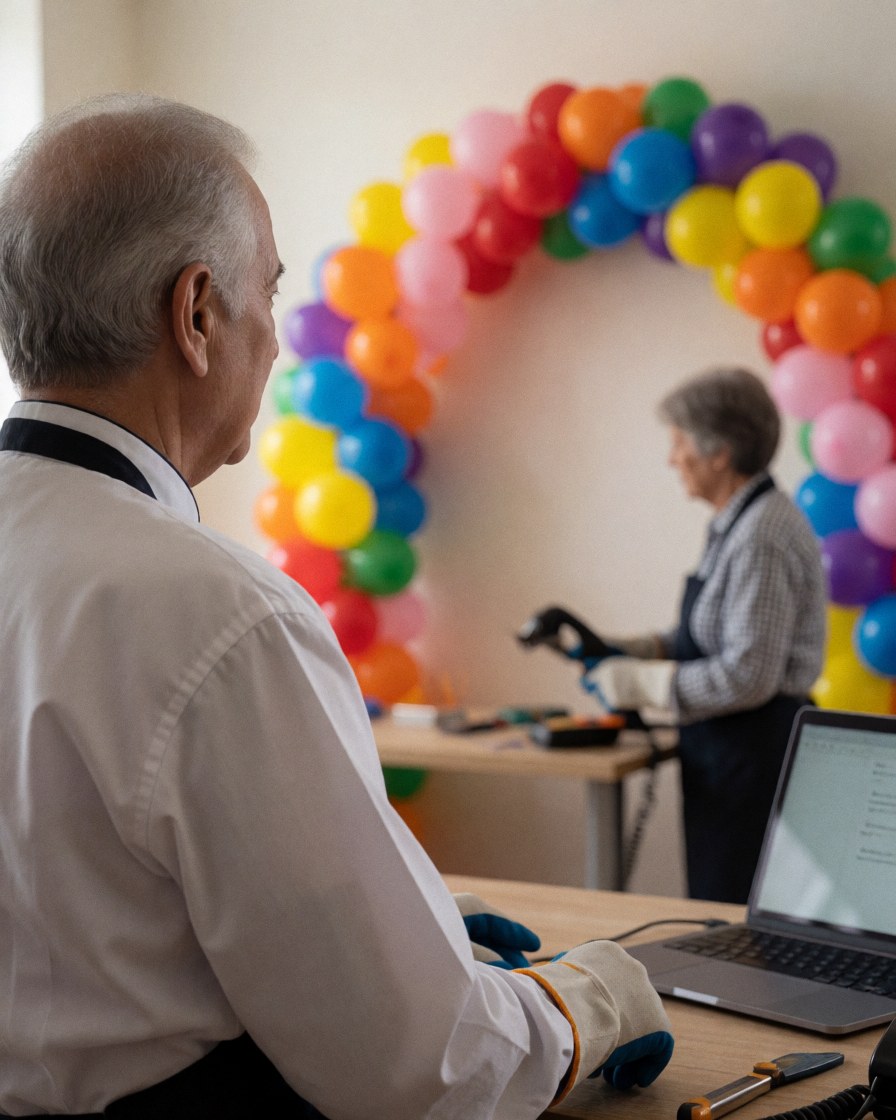 A satisfied customer looks at a vibrant balloon arch while an event decorator works on the setup in a bright indoor space.