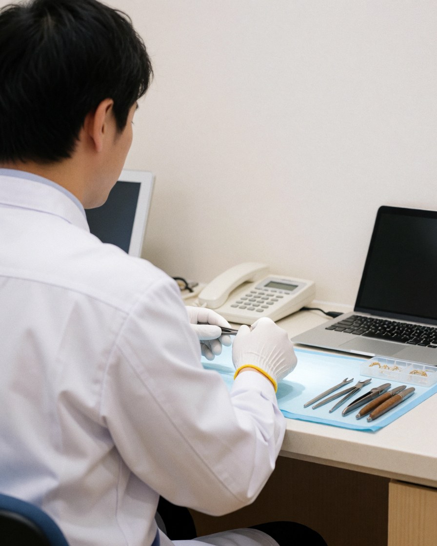 A piercing technician wearing gloves sterilizes instruments on a sterile surface with a laptop and phone in the background