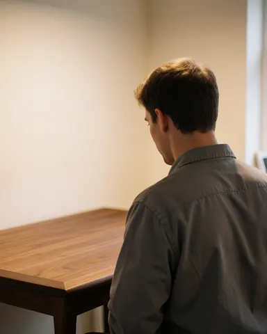 A satisfied client inspects a restored wooden dining table in a warm-lit furniture repair workshop with white walls.