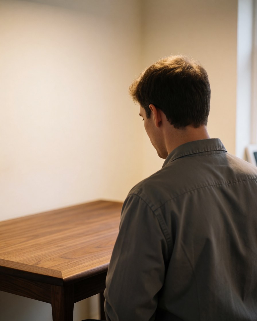 A satisfied client inspects a restored wooden dining table in a warm-lit furniture repair workshop with white walls.