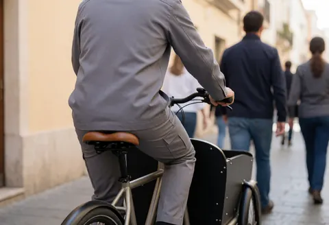 Cyclist on a cargo bike with a wooden seat on a pedestrian street with beige walls, suitable for bike taxi business.