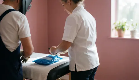 Therapist applying ice pack during sports massage on white towel-covered table near pink wall and window with plants