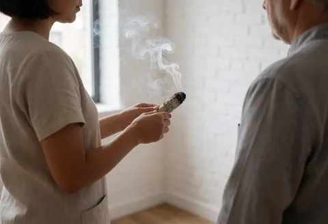 Reiki practitioner performing energy cleansing ritual with sage smudging wand in front of client against white brick wall