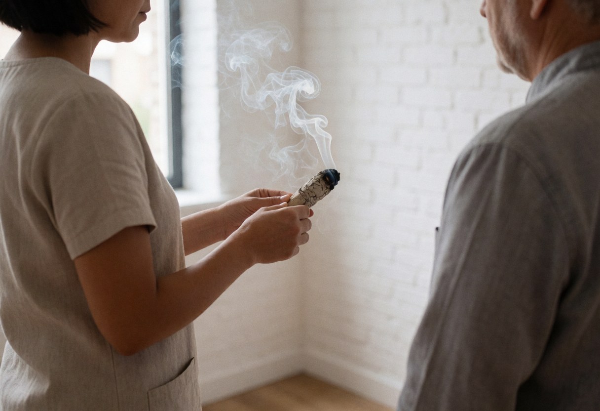 Reiki practitioner performing energy cleansing ritual with sage smudging wand in front of client against white brick wall