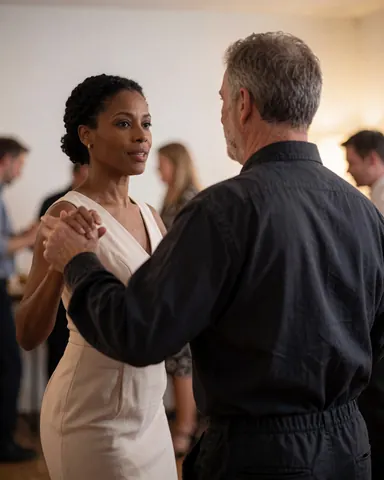 A couple dancing tango in a room with white walls and warm lighting, with other dancers visible in the background.