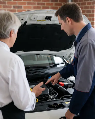Technician and client reviewing a clean engine in a workshop with a brick wall, showing bodywork and painting work.