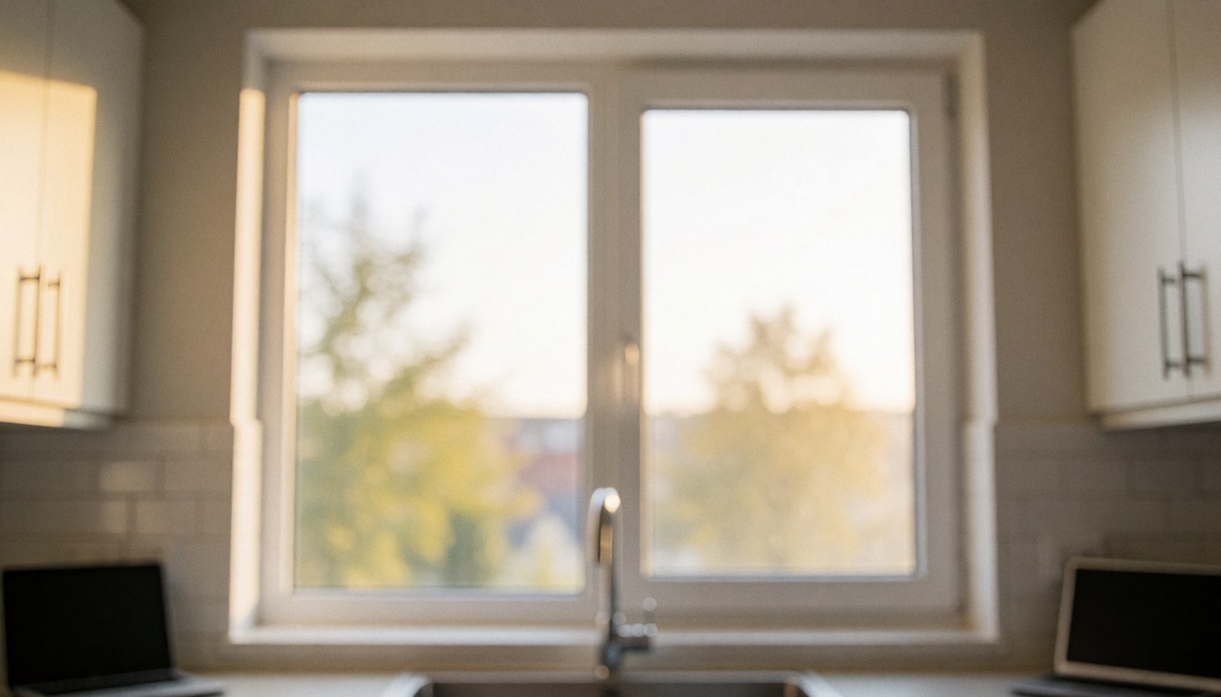 Modern kitchen background featuring a newly installed glass window with a white frame and warm lighting, suitable for window repair services.