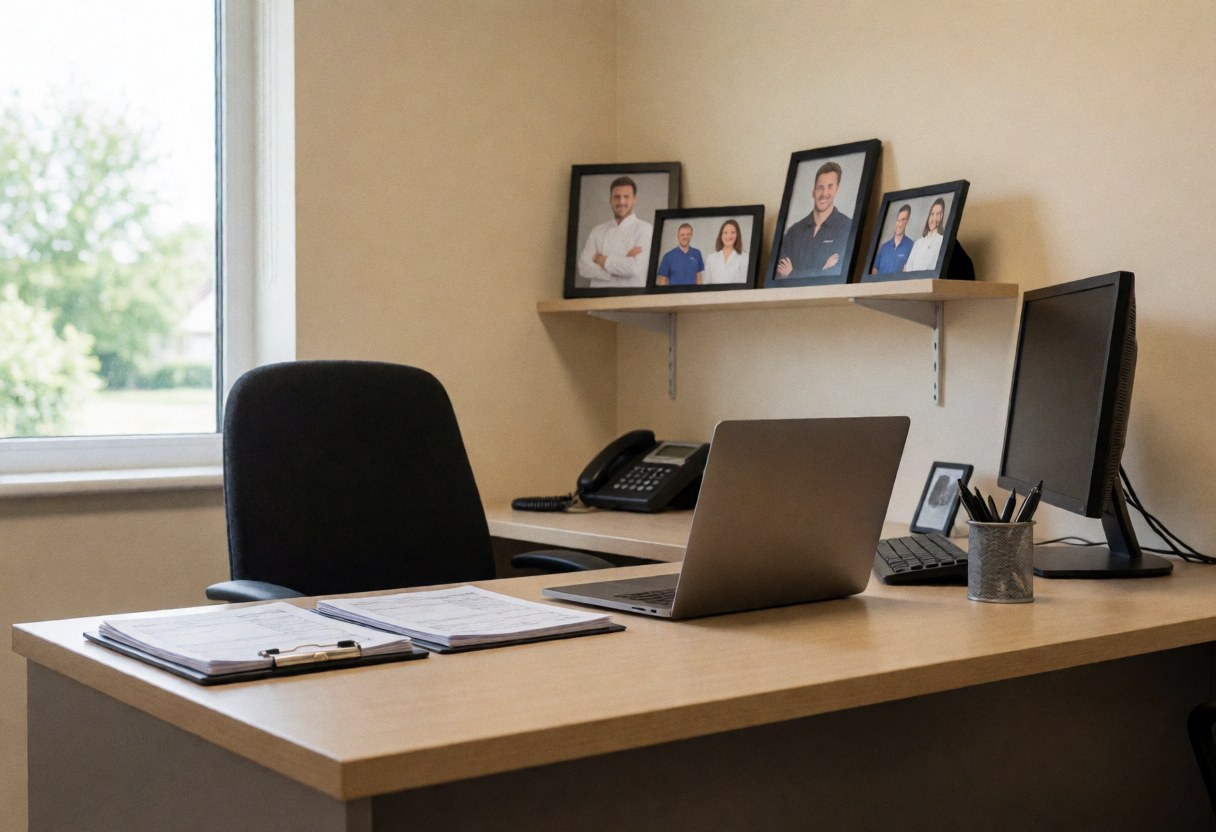 Office desk with laptop, instructor photos on shelf, and window with natural light for a karate dojo