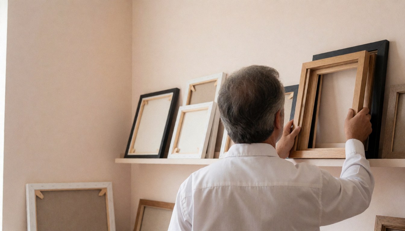 A man chooses a wooden frame in a shop with beige walls and natural light, suitable for a business cover.
