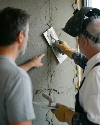A bricklayer applies plaster to a wall with a trowel while a client points at the freshly worked surface.