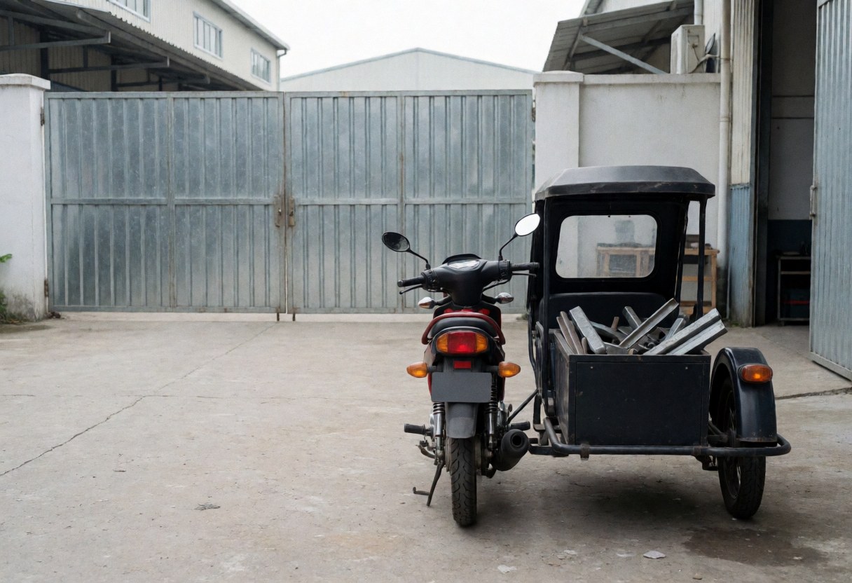 Motorcycle taxi with sidecar loaded with metal parked in front of industrial workshop door on concrete ground under cloudy sky
