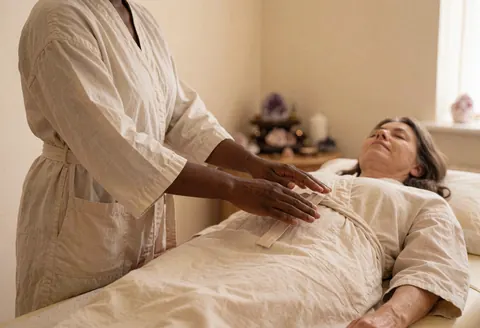 Reiki practitioner's hands resting on a client's abdomen during a healing session, with a crystal altar in the serene background.