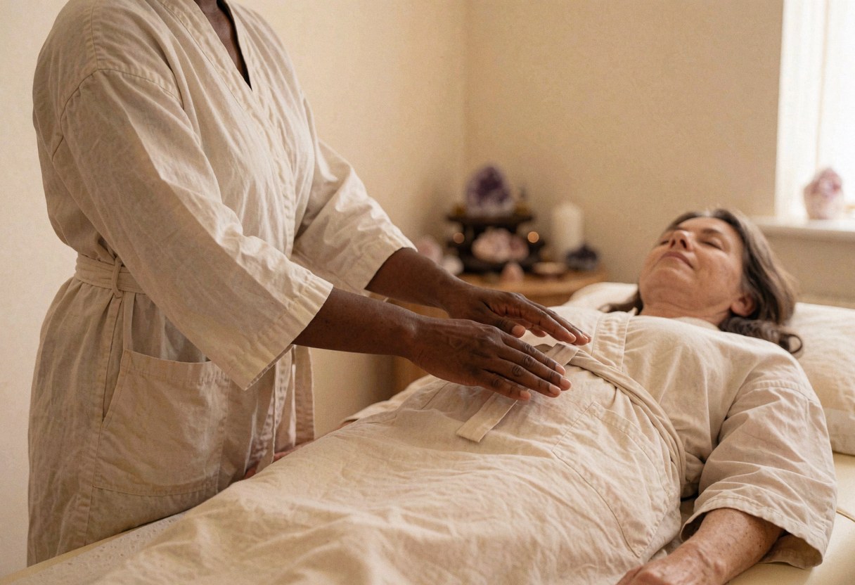 Reiki practitioner's hands resting on a client's abdomen during a healing session, with a crystal altar in the serene background.