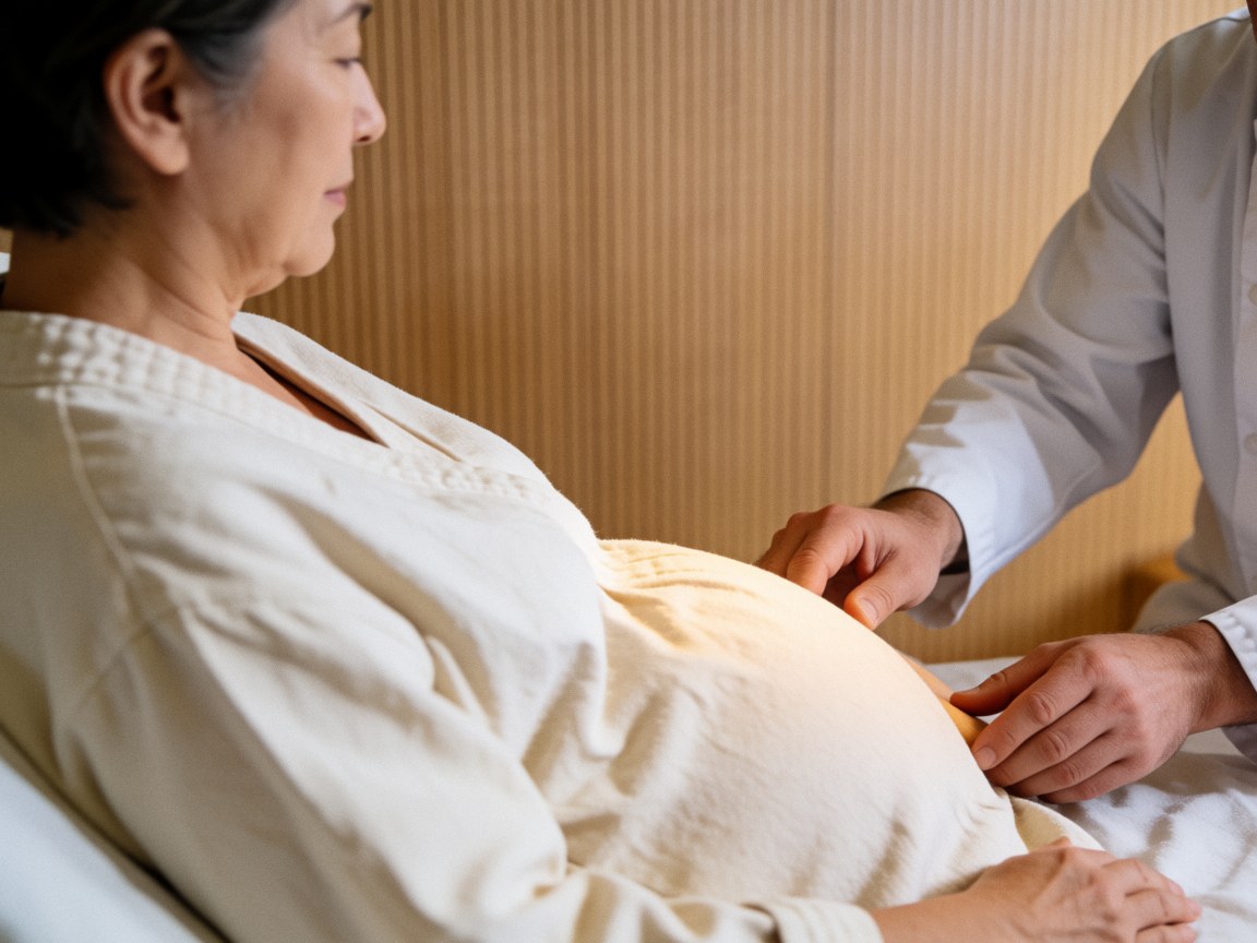 Therapist hands performing reiki massage on pregnant woman abdomen with light wood walls and warm lighting