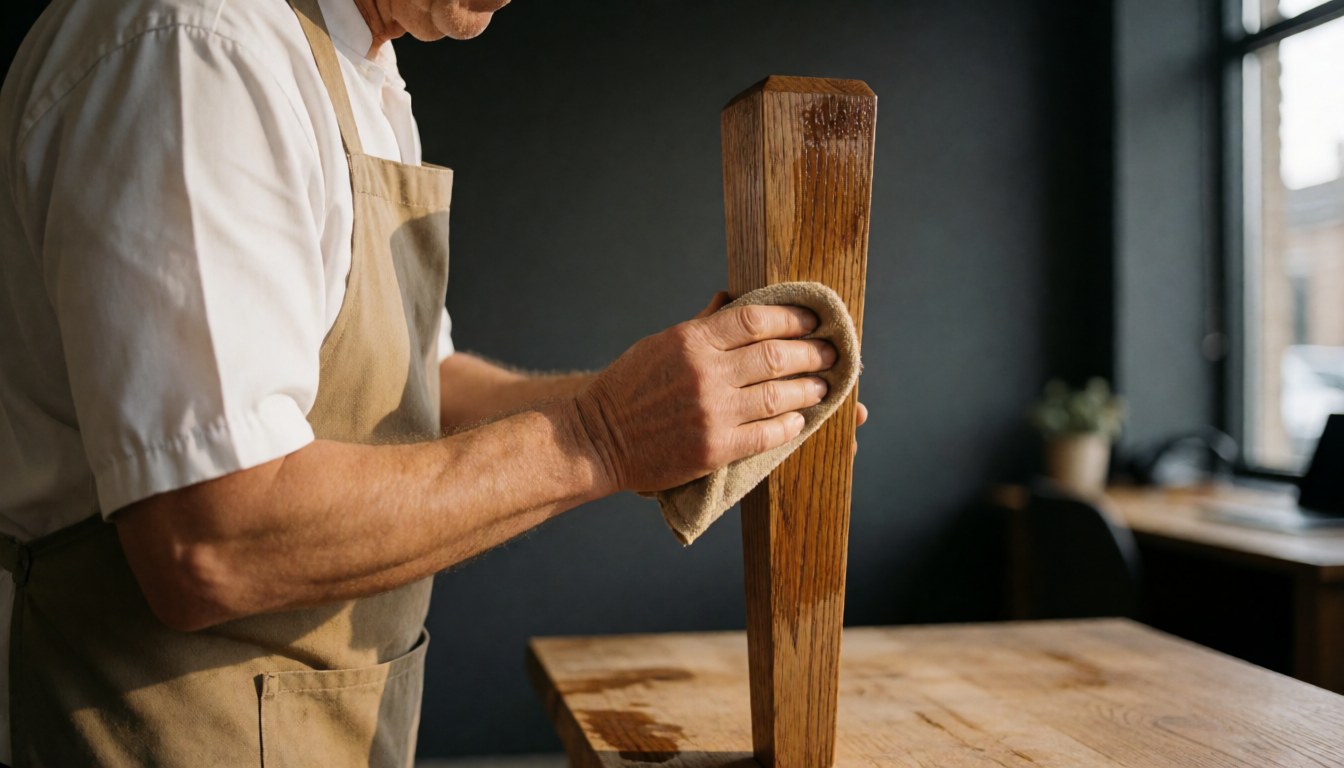 A man in an apron applies oil to a wooden table leg in a workshop with gray walls and natural light