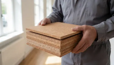 Close-up of a hand holding several cork flooring planks indoors with natural light, suitable for cork floor installation projects.