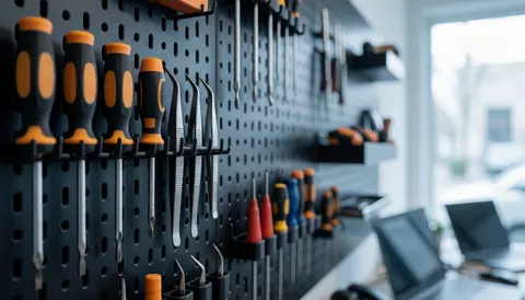 Black pegboard wall holding organized screwdrivers and metal pliers, serving as a professional background for cell phone repair services.