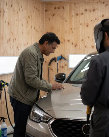 A satisfied customer inspects the gleaming hood of a car in a detailing workshop with bright LED lights and a professional nearby.