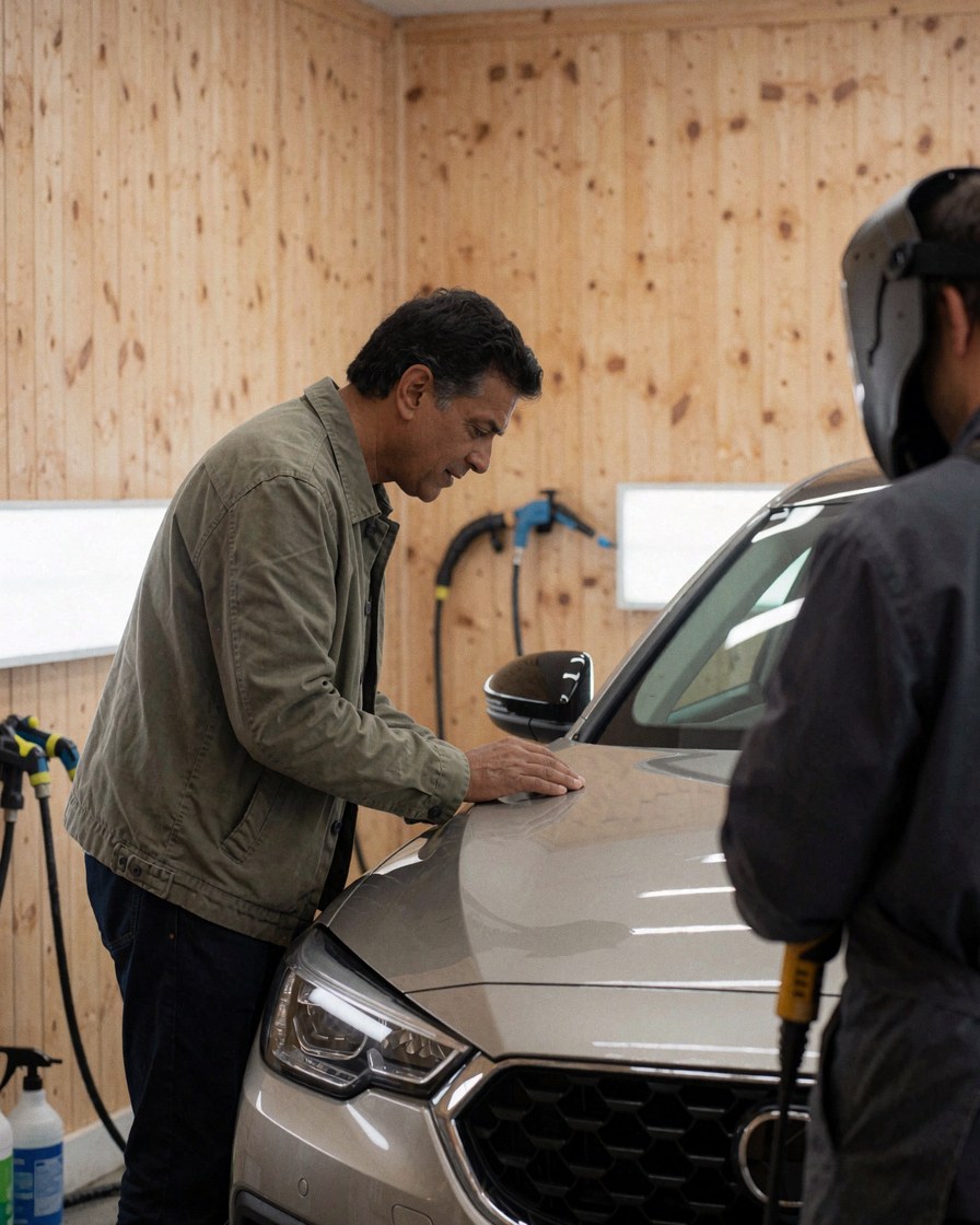 A satisfied customer inspects the gleaming hood of a car in a detailing workshop with bright LED lights and a professional nearby.