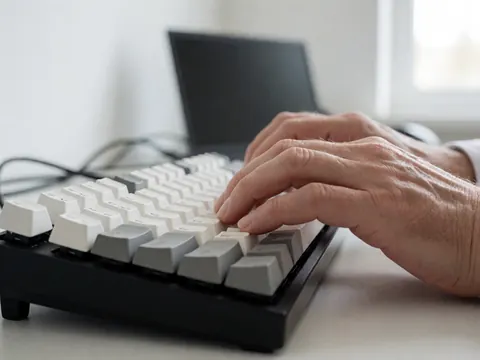 Close-up of adult hands typing on a black and white mechanical keyboard with office cables and a computer in the background.
