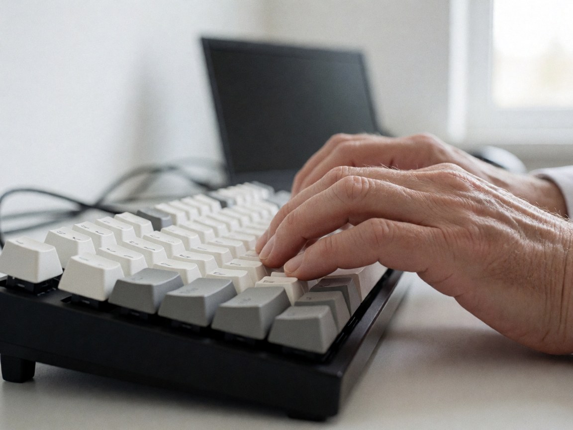 Close-up of adult hands typing on a black and white mechanical keyboard with office cables and a computer in the background.