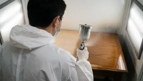 Carpenter wearing mask and gloves applies glossy spray finish to a wooden table inside a paint booth illuminated by work lights.