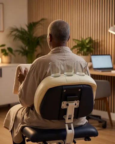 A smiling client seated in a massage chair with three glass cups applied to their back in a wooden room with plants