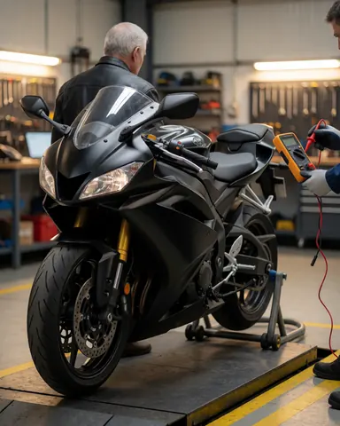 A customer observes a mechanic testing a black sportbike battery in a workshop with visible tools.